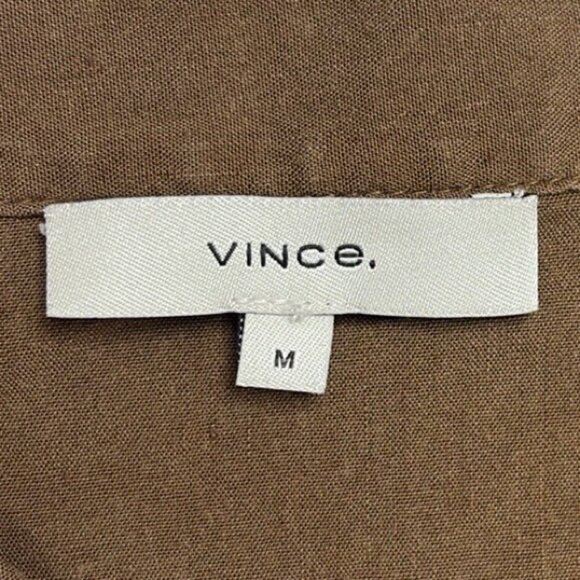 Vince Linen Blend Shirred Sleeveless A-Line Midi Dress Minimalist Brown Medium - Picture 7 of 9